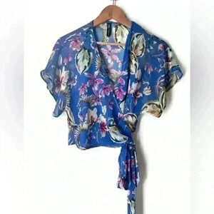 Zara Women’s Floral Blue Sheer Wrap Waist Coastal Euro Summer Boho Top XS